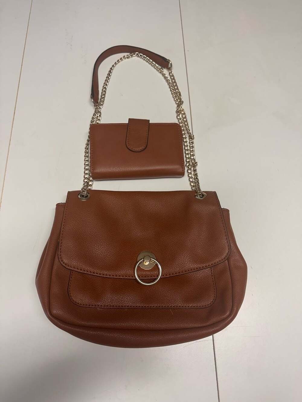 LC Lauren Conrad Pia Ringed Shoulder Bag Brown Faux Leather w/Matching Wallet